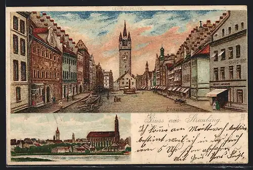 Lithographie Straubing, Ortsansicht mit Kirche