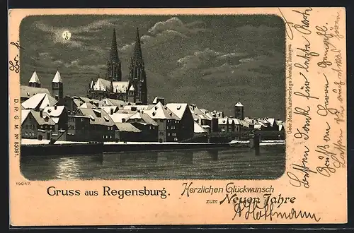Lithographie Regensburg, Uferpartie mit Kirche