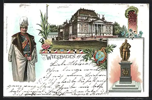 Lithographie Wiesbaden, Hoftheater und Kaiser Friedrich Denkmal