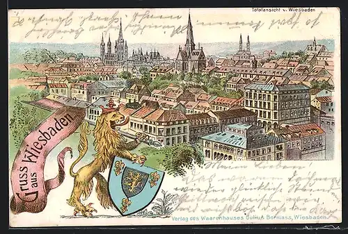 Lithographie Wiesbaden, Totalansicht mit Kirche, Wappen