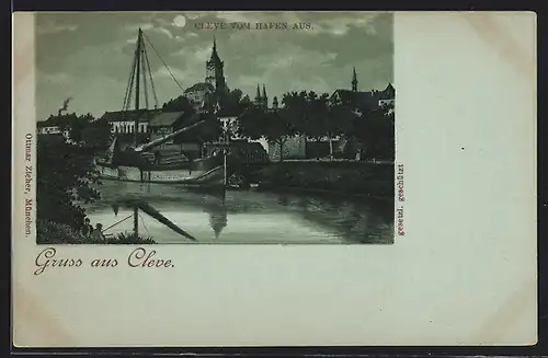 Lithographie Cleve, Panorama vom Hafen aus