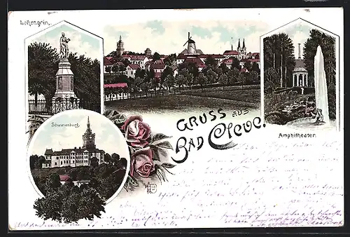 Lithographie Cleve, Schwanenburg, Lohengrin-Denkmal, Amphitheater