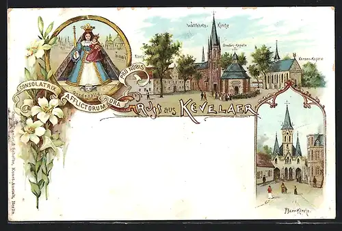 Lithographie Kevelaer, Kerzen-Kapelle und Pfarrkirche