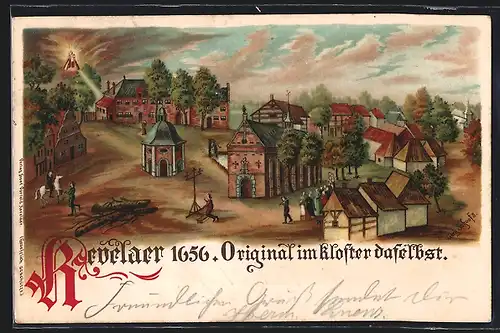 Lithographie Kevelaer, Original im Kloster daselbst 1656, Ortspartie mit Kirche