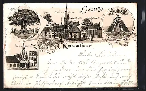 Lithographie Kevelaer, Wallfahrtskirche, Pfarrkirche und Kerzenkapelle