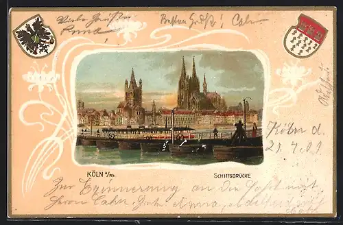 Passepartout-Lithographie Köln a. Rh., Schiffsbrücke und Kirche, Wappen
