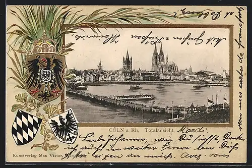Passepartout-Lithographie Köln a. Rh., Totalansicht mit Kirche, Wappen