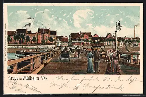 Lithographie Mülheim / Rhein, Uferpartie mit Brücke