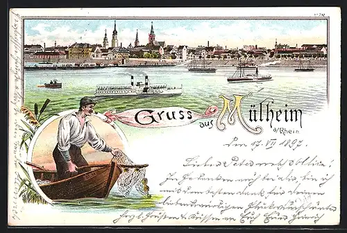 Lithographie Mülheim a. Rhein, Teilansicht, Fischer mit Boot