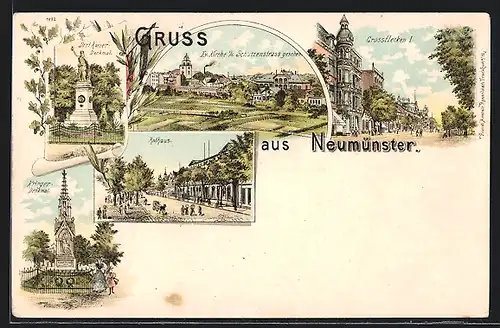 Lithographie Neumünster, Grossflecken I., Rathaus, Evang. Kirche