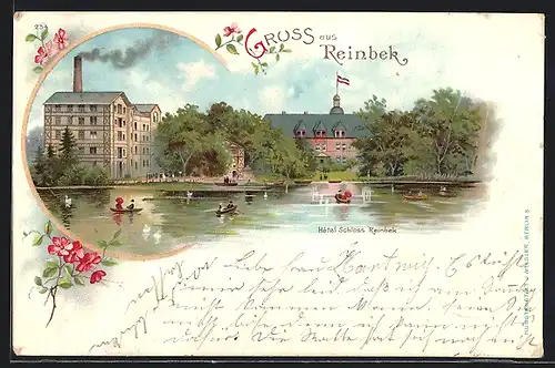 Lithographie Reinbeck, Hotel Schloss Reinbeck mit Fabrikgebäude