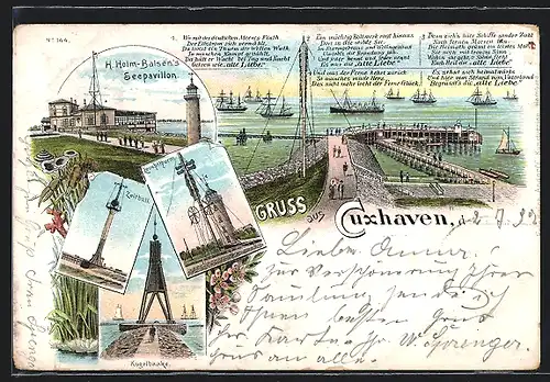 Lithographie Cuxhaven, Leuchtthurm, Holm-Balsen`s Seepavillon, Gedicht