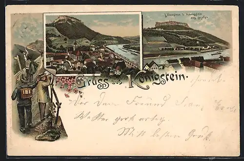 Lithographie Königstein / Elbe, Gesamtansicht, Blick zum Lilienstein und Wanderer