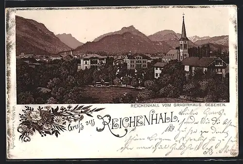 Lithographie Reichenhall, Teilansicht mit Kirche vom Gradierhaus gesehen