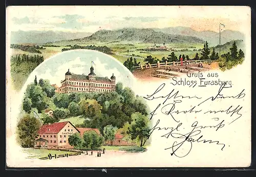 Lithographie Eurasburg / Isartal, Blick vom Gasthof Eurasburg zum Schloss