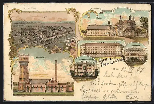 Lithographie Lager Lechfeld, Kloster, Wasserwerk, Kaserne