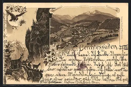 Lithographie Berchtesgaden, Teilansicht, Gämse auf einem Felsen