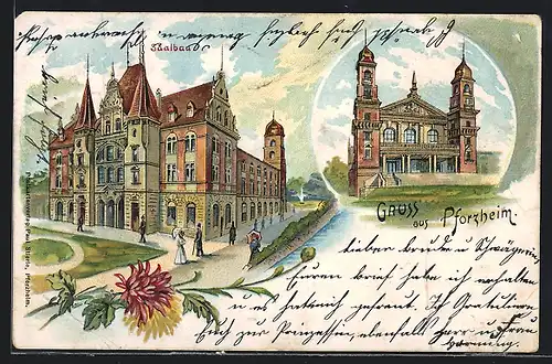 Lithographie Pforzheim, Saalbau, Rückansicht