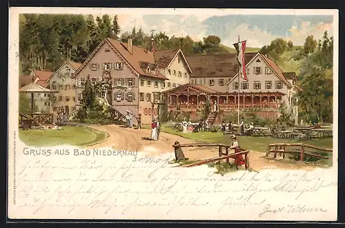 Lithographie Bad Niedernau, Ansicht der Ortschaft