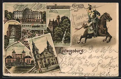 Lithographie Ludwigsburg / Württemberg, Schloss Monrepos, Emichsburg, Stadtkirche