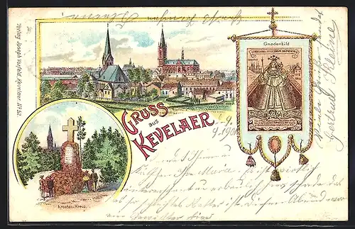 Lithographie Kevelaer, Kroaten-Kreuz, Gnadenbild, Ortsansicht