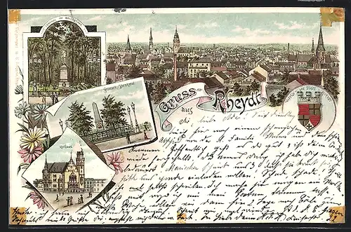 Lithographie Rheydt, Rathaus, Denkmal im Kaiserpark, Bismarck-Denkmal