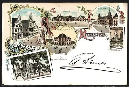 Lithographie Münster / Westfalen, Rathaus, Bahnhof, Königl. Akademie