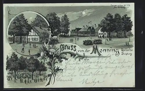 Lithographie Speldorf bei Duisburg, Gasthaus Monning mit Strasse und Garten