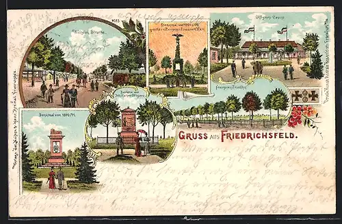Lithographie Friedrichsfeld / Niederrhein, Offiziers-Casino, Franzosen-Friedhof, Denkmal von 1870 /71, Wilhelm-Strasse
