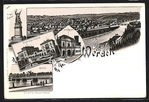 Lithographie Werden a. d. Ruhr, Ortsansicht, Kriegerdenkmal, Kruppsches Schloss, Brücke und Straf-Anstalt