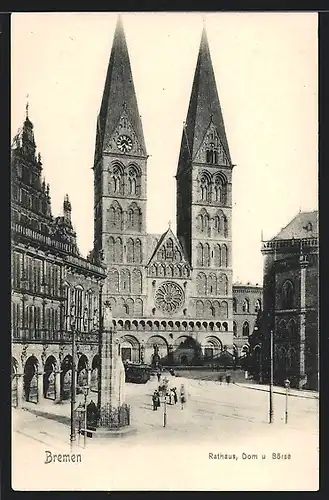 Lithographie Bremen, Strassenbahn passiert den Dom am Rathaus