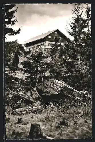 AK Hohenwarth, Kötzinger Hütte auf dem Mittagsstein, von unten gesehen
