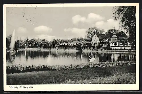 AK Willich, Volkspark mit Schwan auf dem Wasser