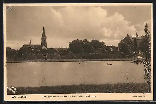 AK Willich, Volkspark mit Kirche und Krankenhaus