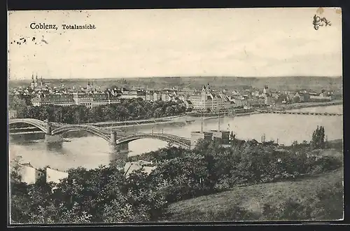 AK Coblenz, Totalansicht über Fluss und Brücke