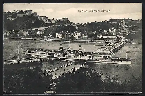 AK Coblenz-Ehrenbreitstein, Rheindampfer Kaiserin Auguste Victoria passiert Schiffsbrücke