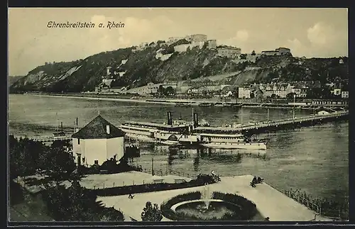 AK Ehrenbreitstein a. Rhein, Uferpartie mit Springbrunnen und Raddampfer