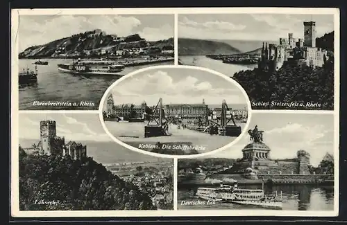 AK Koblenz, Schiffsbrücke, Schloss Stolzenfels, Ehrenbreitstein, Lahneck, Deutsches Eck