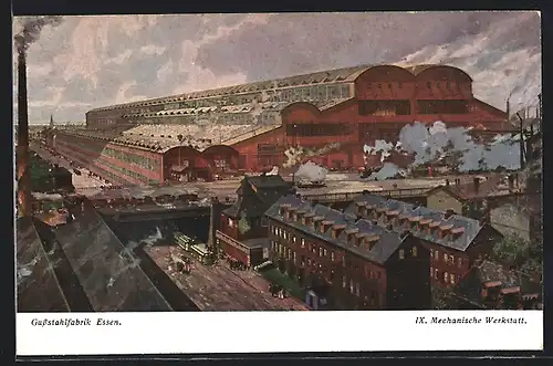 Künstler-AK Essen, Gussstahlfabrik, Mechanische Werkstatt mit Strassenbahn