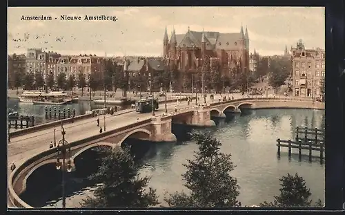 AK Amsterdam, Nieuwe Amstelbrug, Strassenbahn