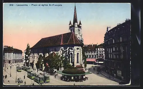 AK Lausanne, Place et église St. Francois, Strassenbahnen