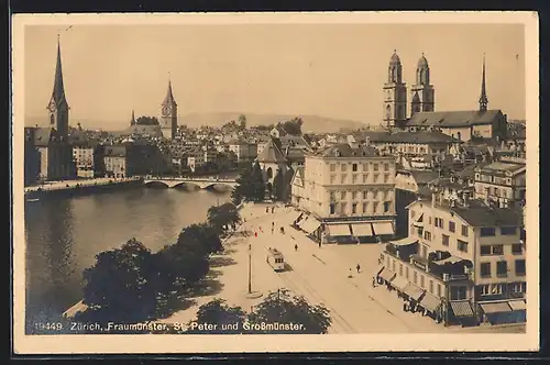 AK Zürich, Fraumünster, St. Peter und Grossmünster, Strassenbahn