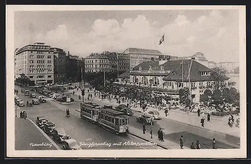 AK Hamburg-Neustadt, Strassenbahn auf dem Jungfernstieg mit Alsterpavillon