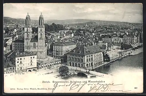 AK Zürich, Grossmünster, Helmhaus und Wasserbrücke mit Strassenbahn