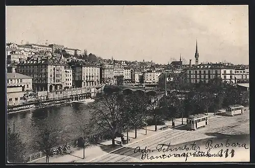 AK Zürich, Strassenbahn auf der Bahnhofsbrücke