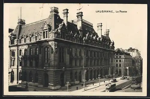 AK Lausanne, La Poste, Strassenbahn