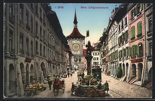 AK Bern, Zeitglockenturm mit Strassenbahn und Kutsche