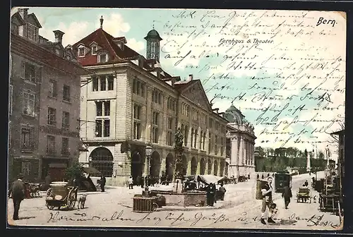 AK Bern, Kornhaus und Theater mit Strassenbahn