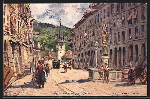 Künstler-AK Georges Stein: Bern, Gerechtigkeitsgasse mit Strassenbahn und Leuten