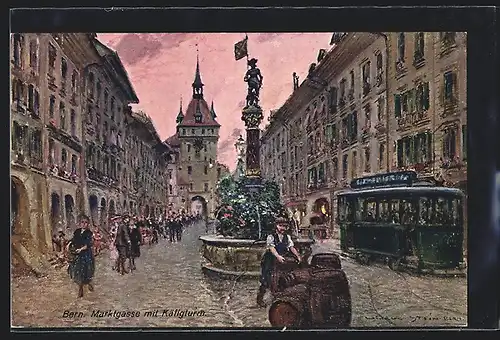 Künstler-AK Georges Stein: Bern, Marktgasse mit Käfigturm und Strassenbahn